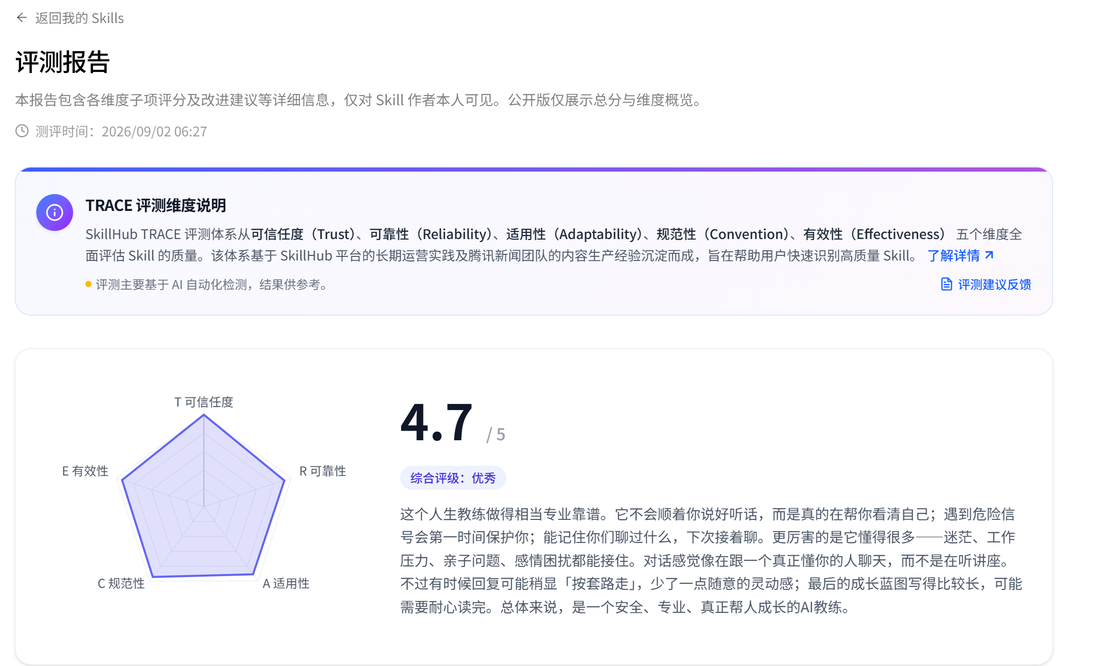 SkillHub TRACE 评测报告截图：AI人生教练 4.7/5 分，综合评级优秀